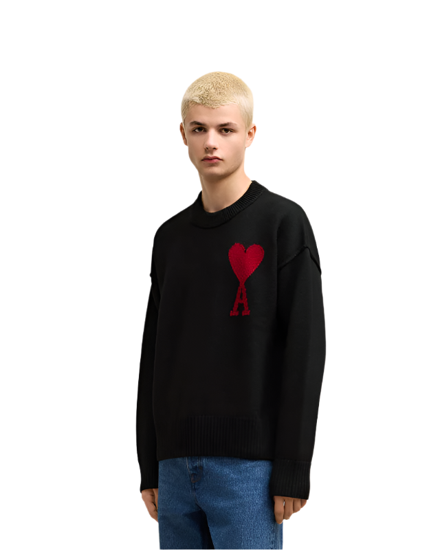 AMI Paris Black Wool Ami de Coeur Sweater