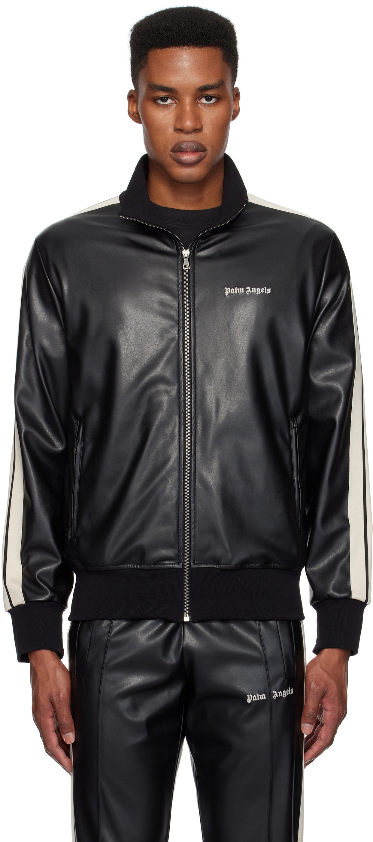 Palm Angels Black Leather Effect Faux-Leather Track Jacket