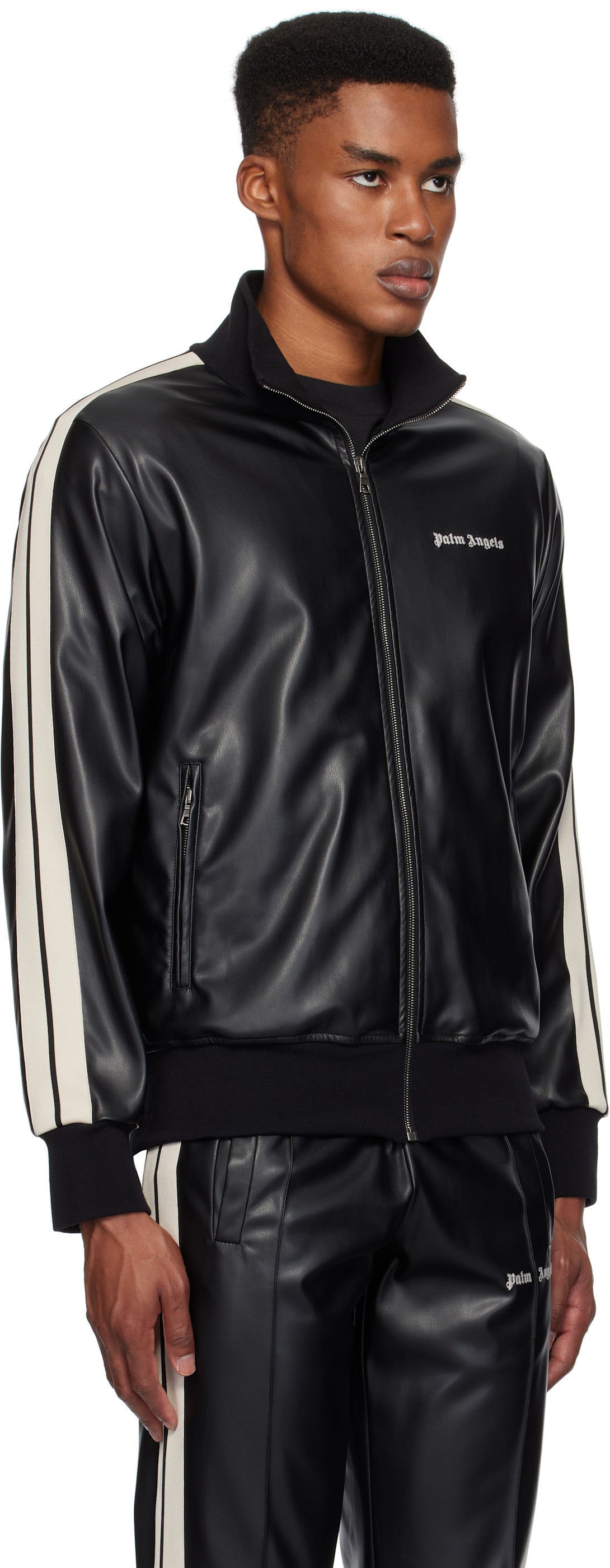 Palm Angels Black Leather Effect Faux-Leather Track Jacket